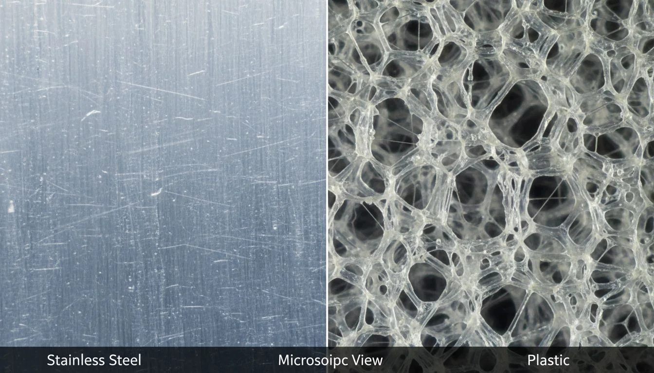 A microscopic view of a stainless steel surface contrasted with a porous plastic surface.