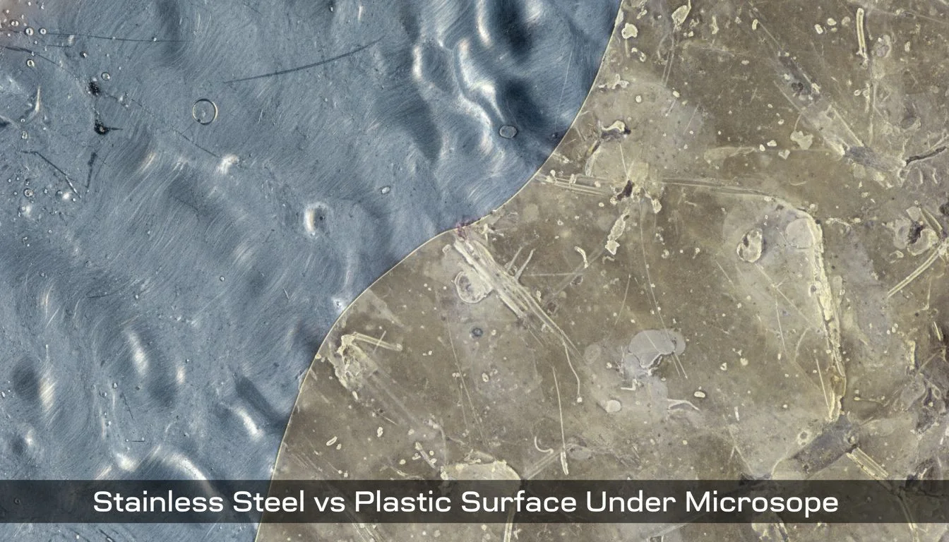 Stainless Steel vs Plastic Surface Under Microscope Close-up microscopic view comparing a smooth stainless steel surface to a scratched plastic surface.
