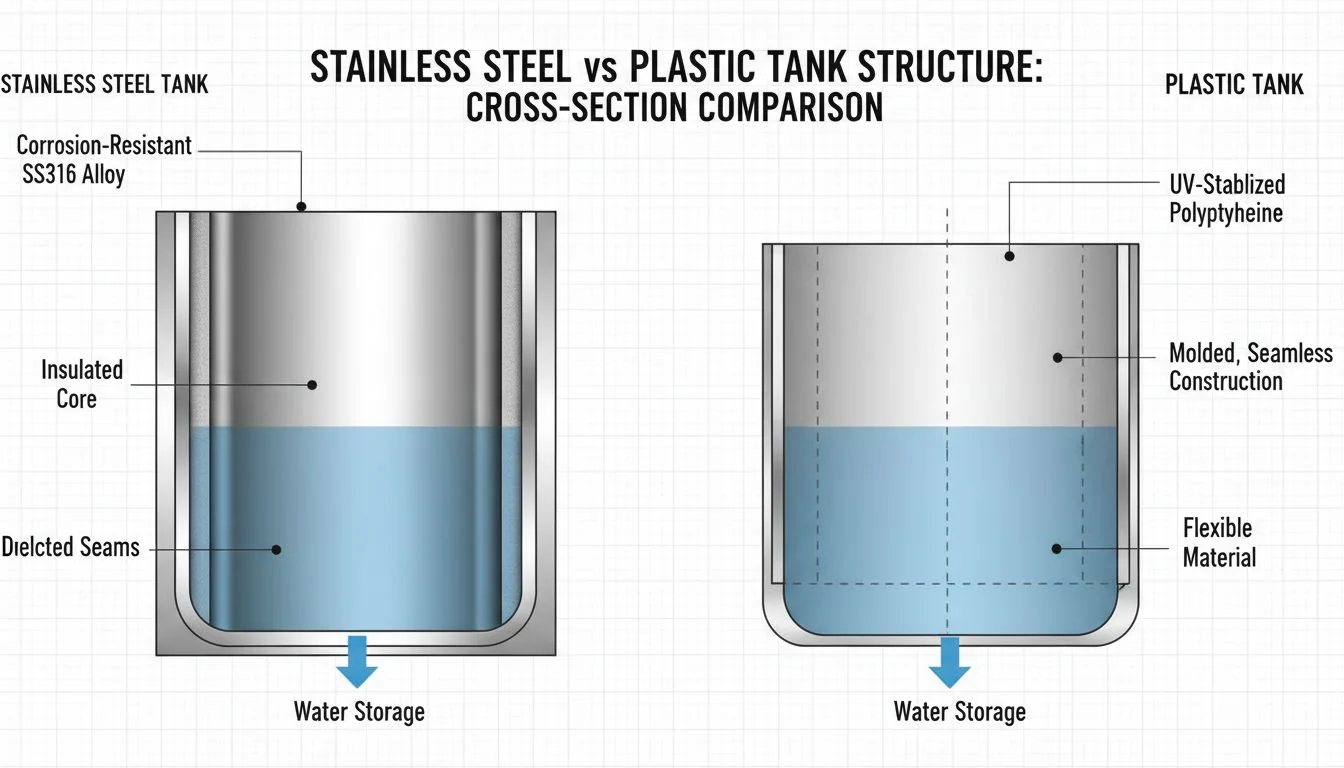 stainless steel water tank vs plastic tank cross section comparison
