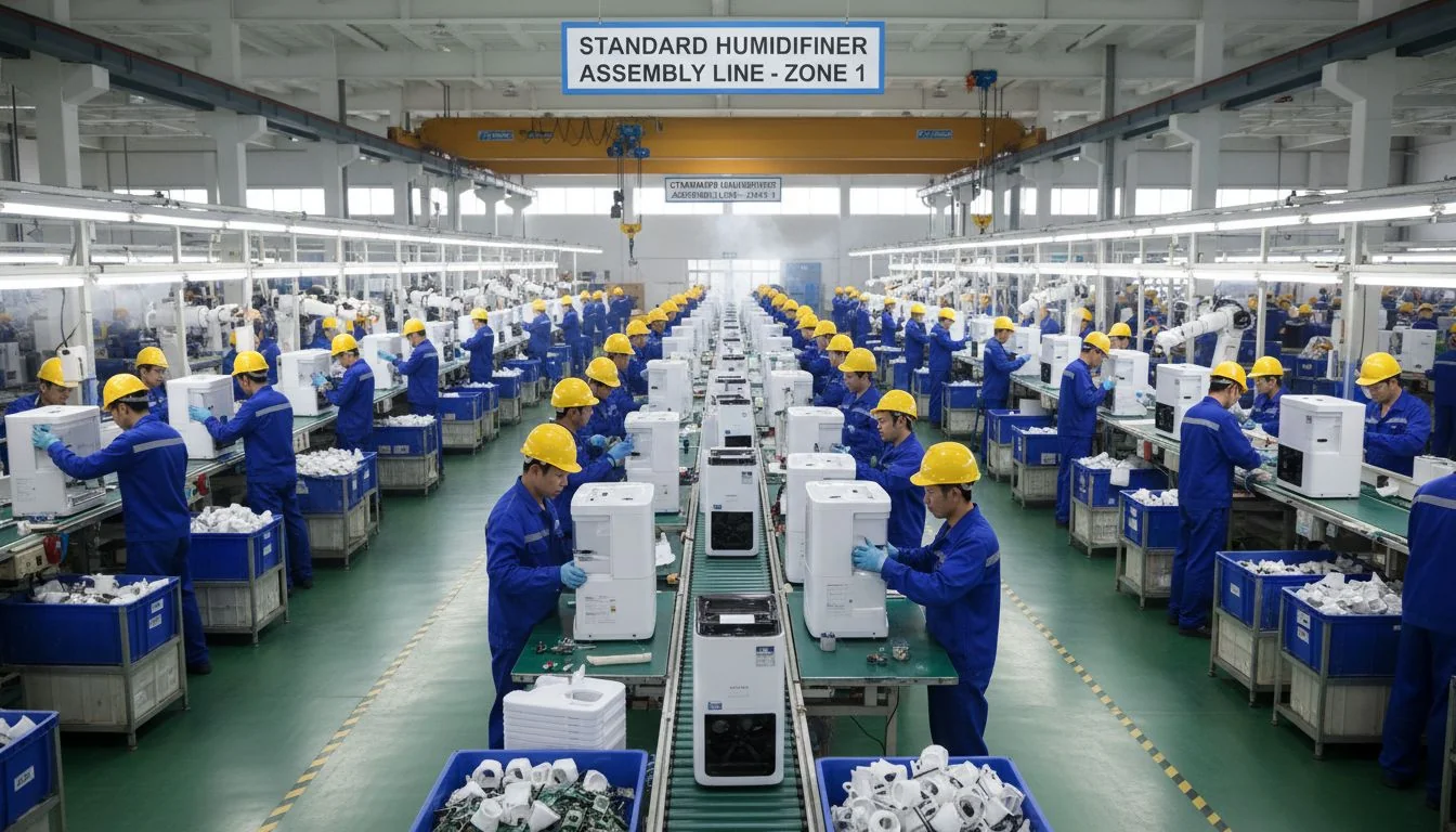 A factory floor with workers assembling standard white plastic humidifiers on an assembly line.