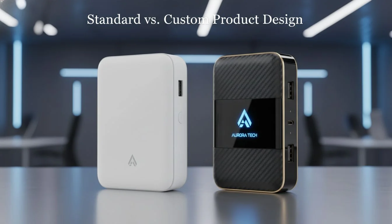 A standard white product next to a sleek, custom-branded black version
