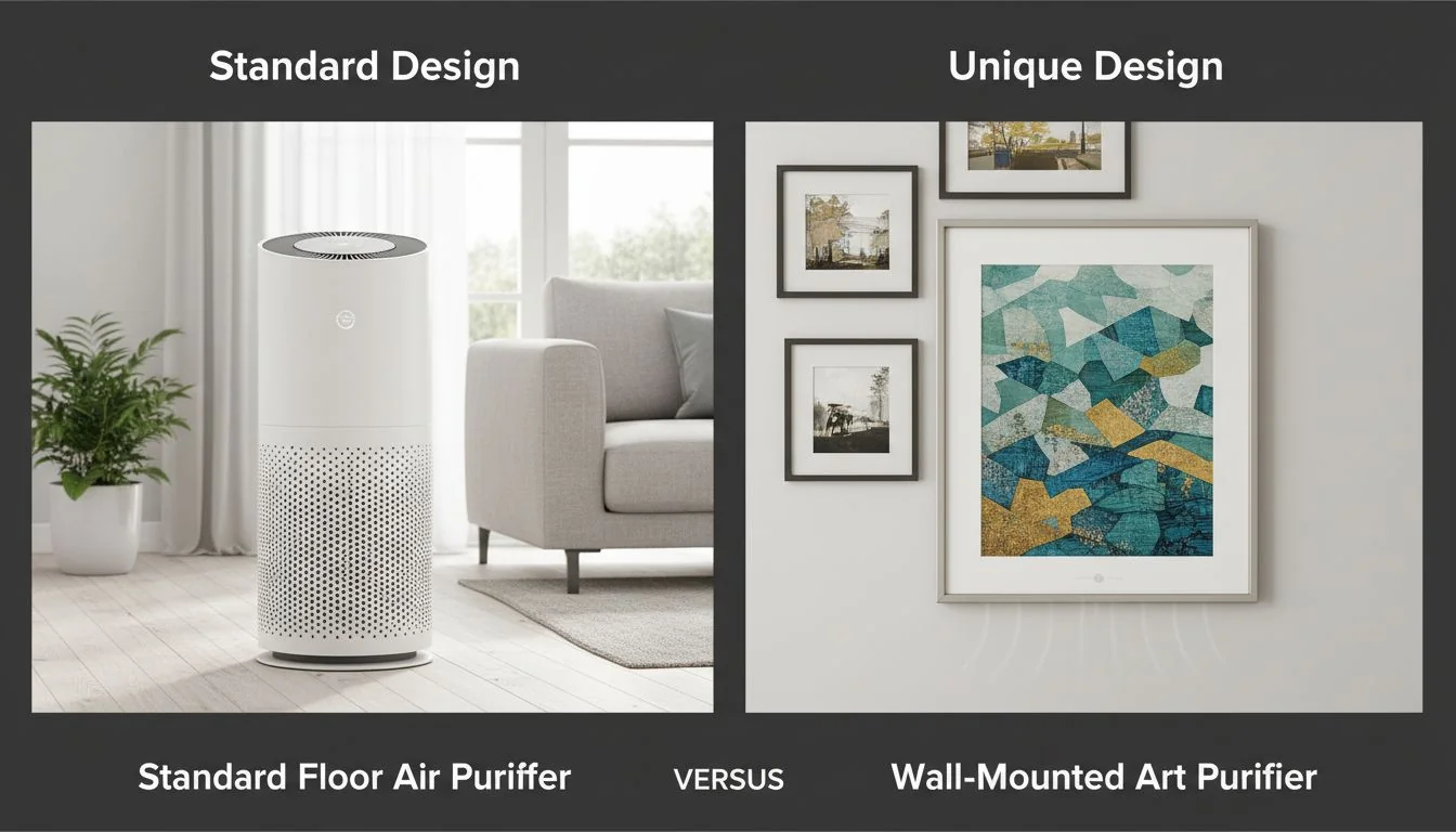 Standard vs Unique Design comparison of standard floor air purifier vs wall mounted art purifier