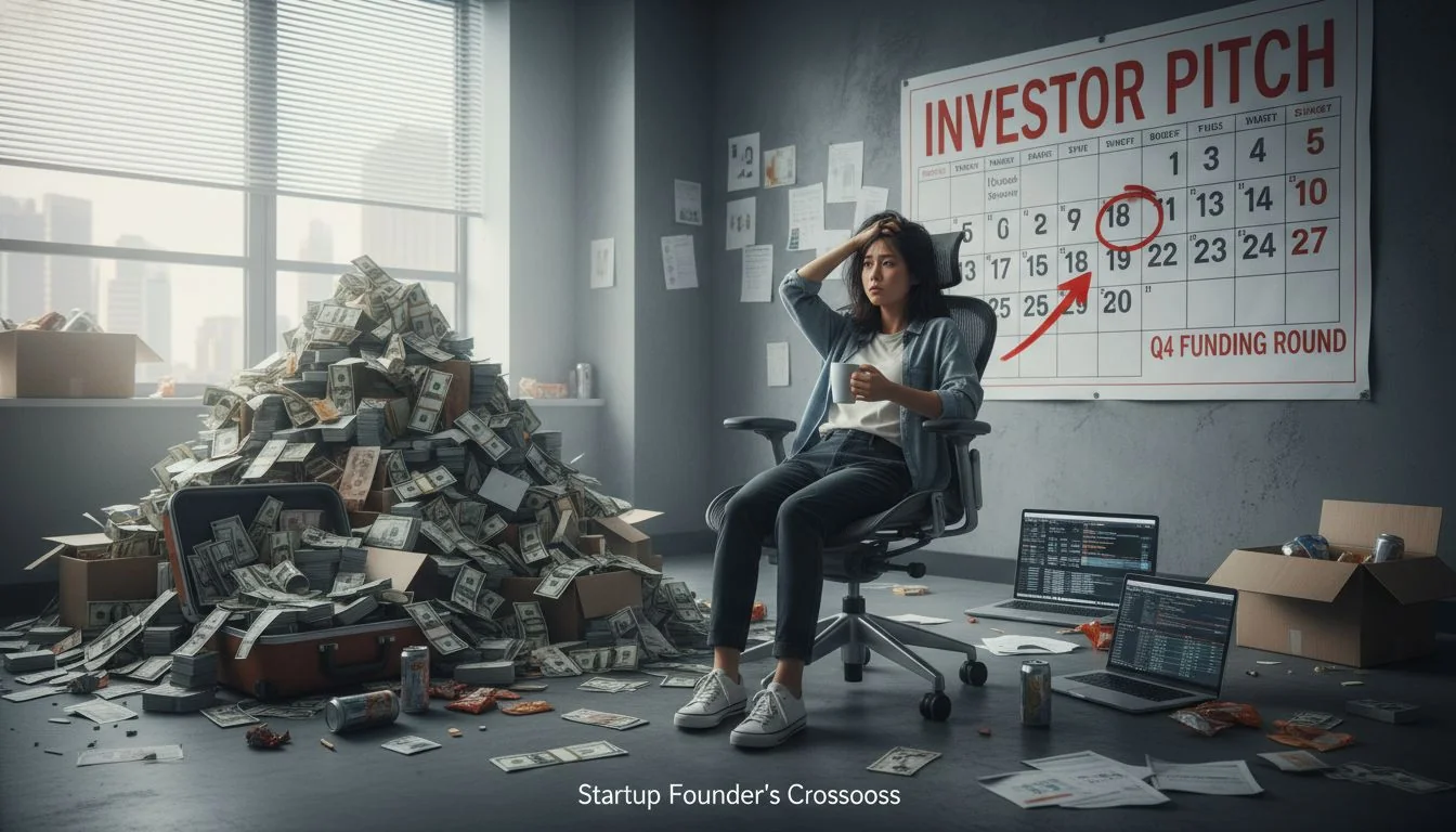 A person looking stressed, sitting between a pile of money and a calendar with a fast-approaching deadline.