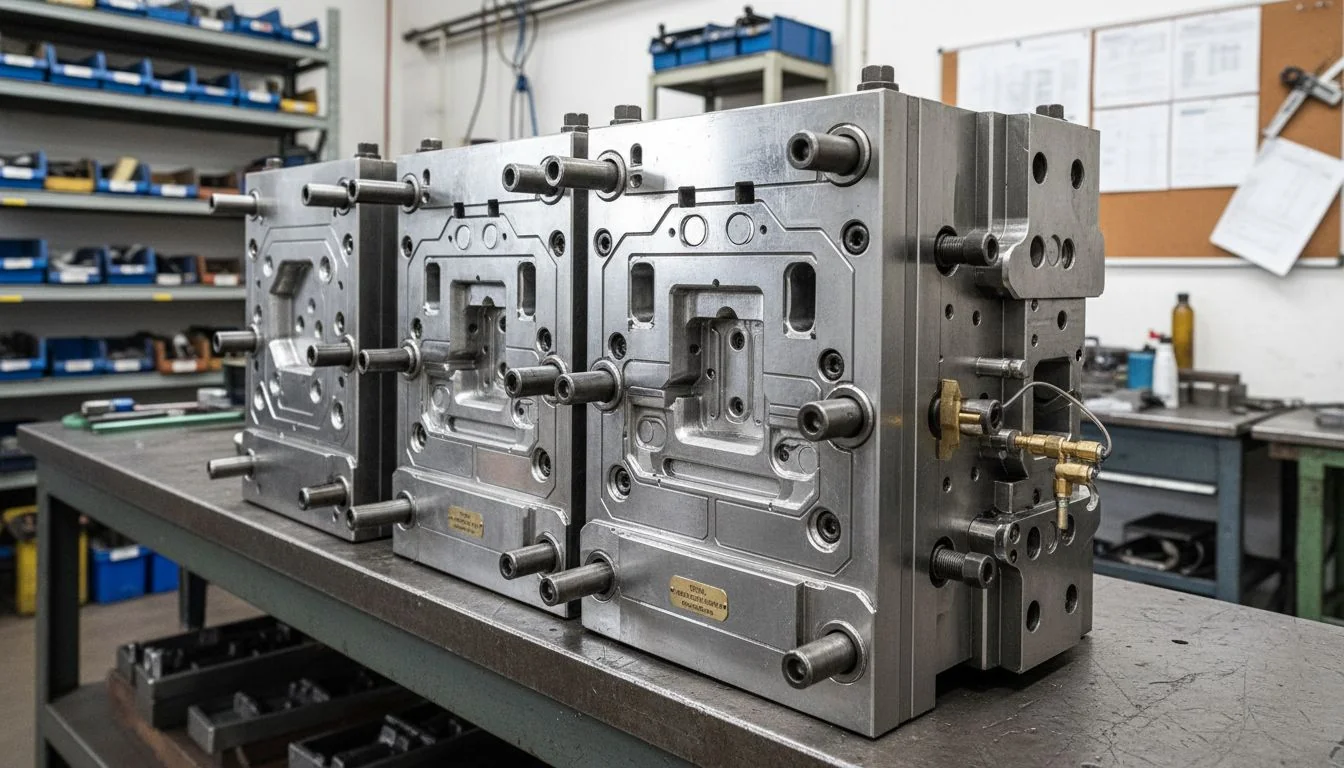 A large, complex steel injection mold used for manufacturing plastic parts
