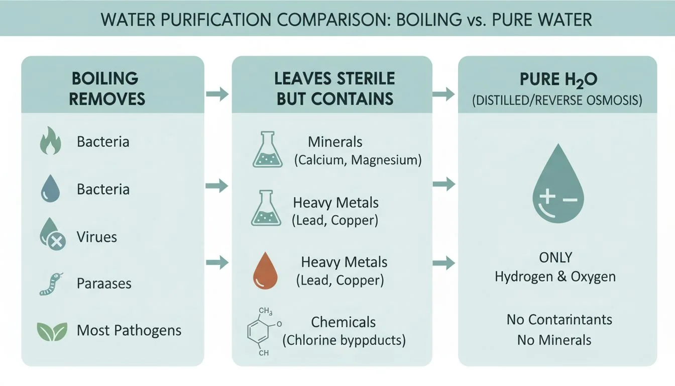 sterile vs pure water comparison chart showing what boiling removes vs what it leaves