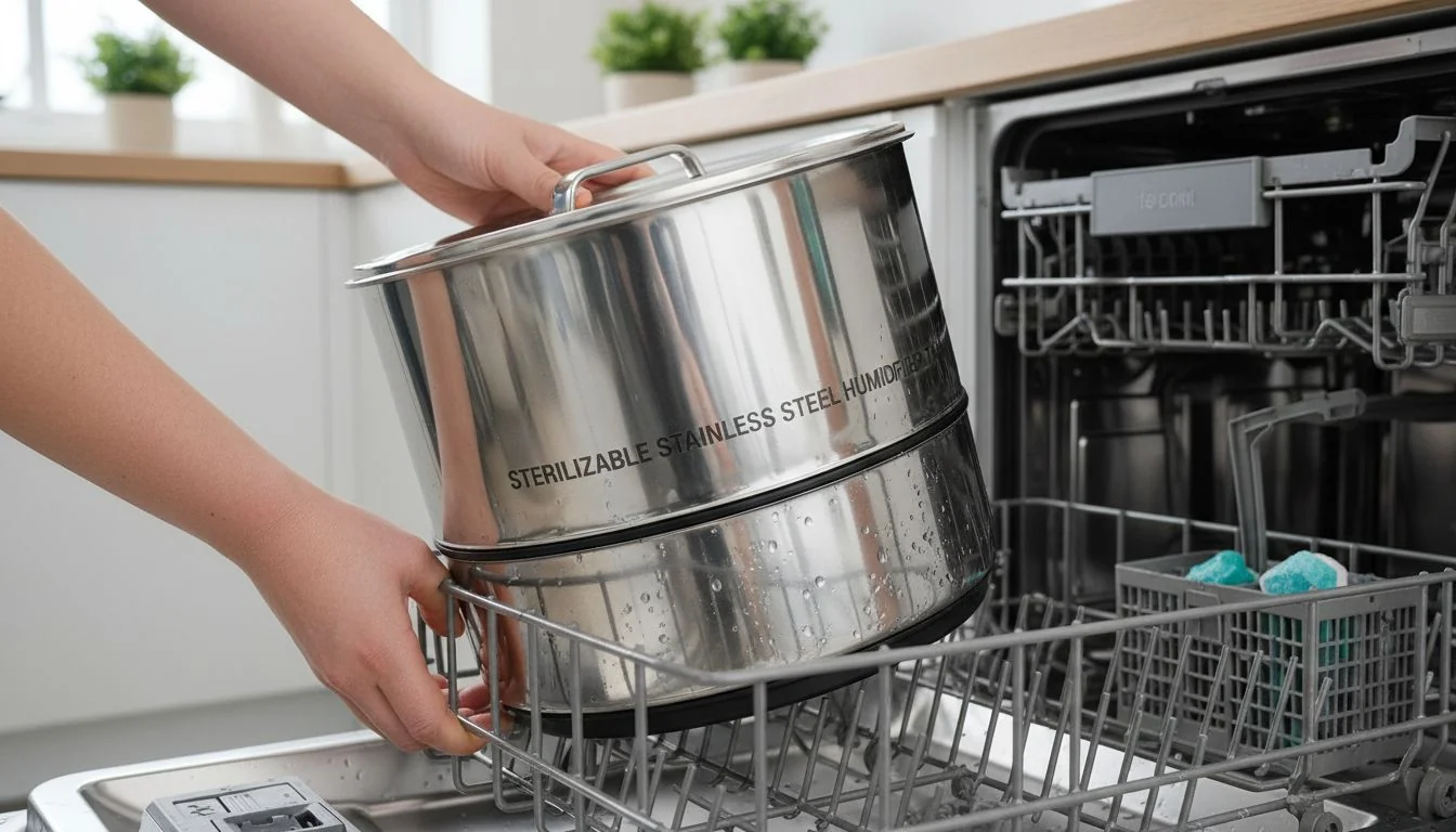 Sterilizable Stainless Steel Humidifier Tank A gleaming, clean stainless steel humidifier tank being placed into a dishwasher.