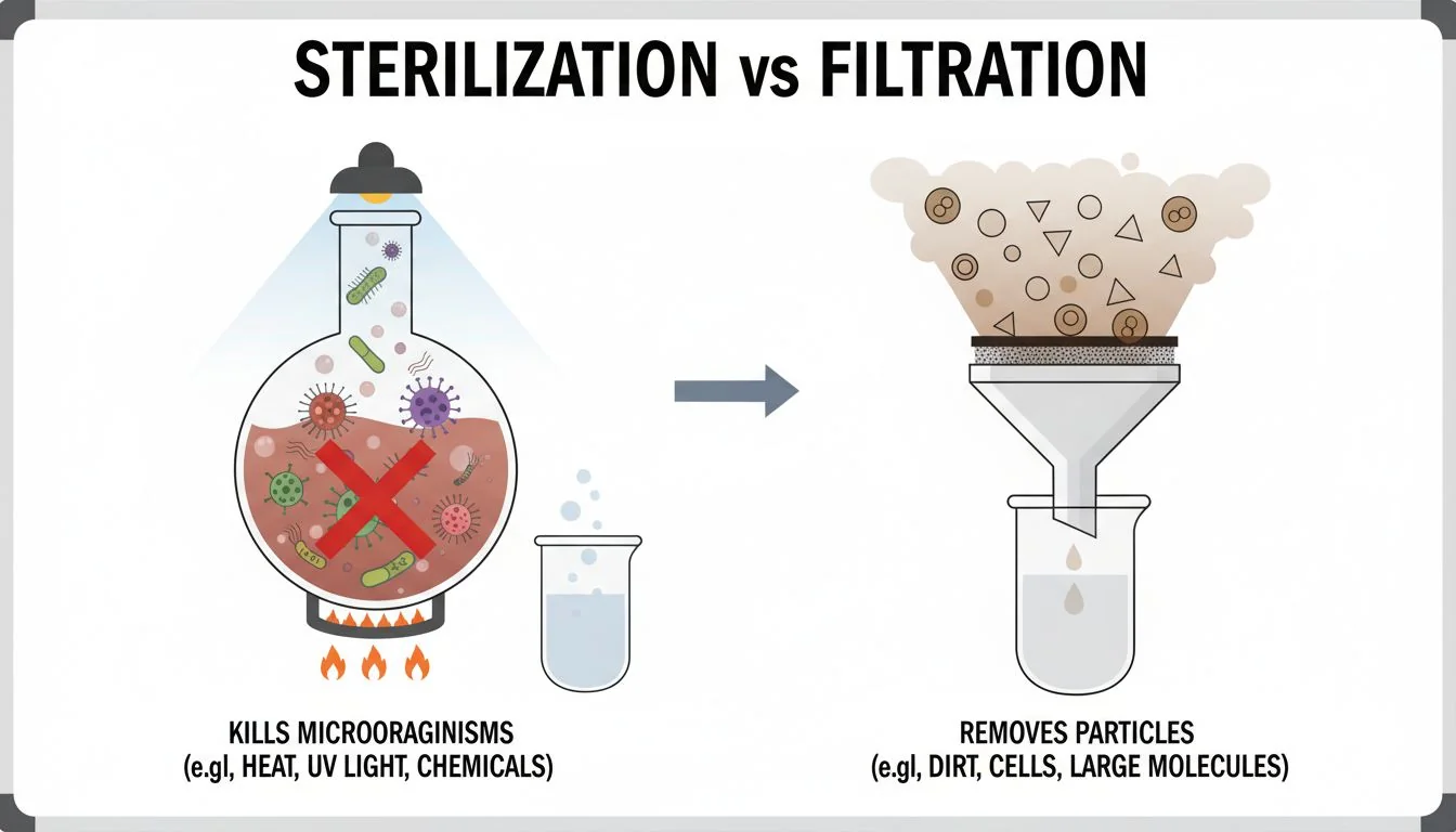 Sterilization vs Filtration diagram contrasting sterilization killing bugs vs filtration removing particles