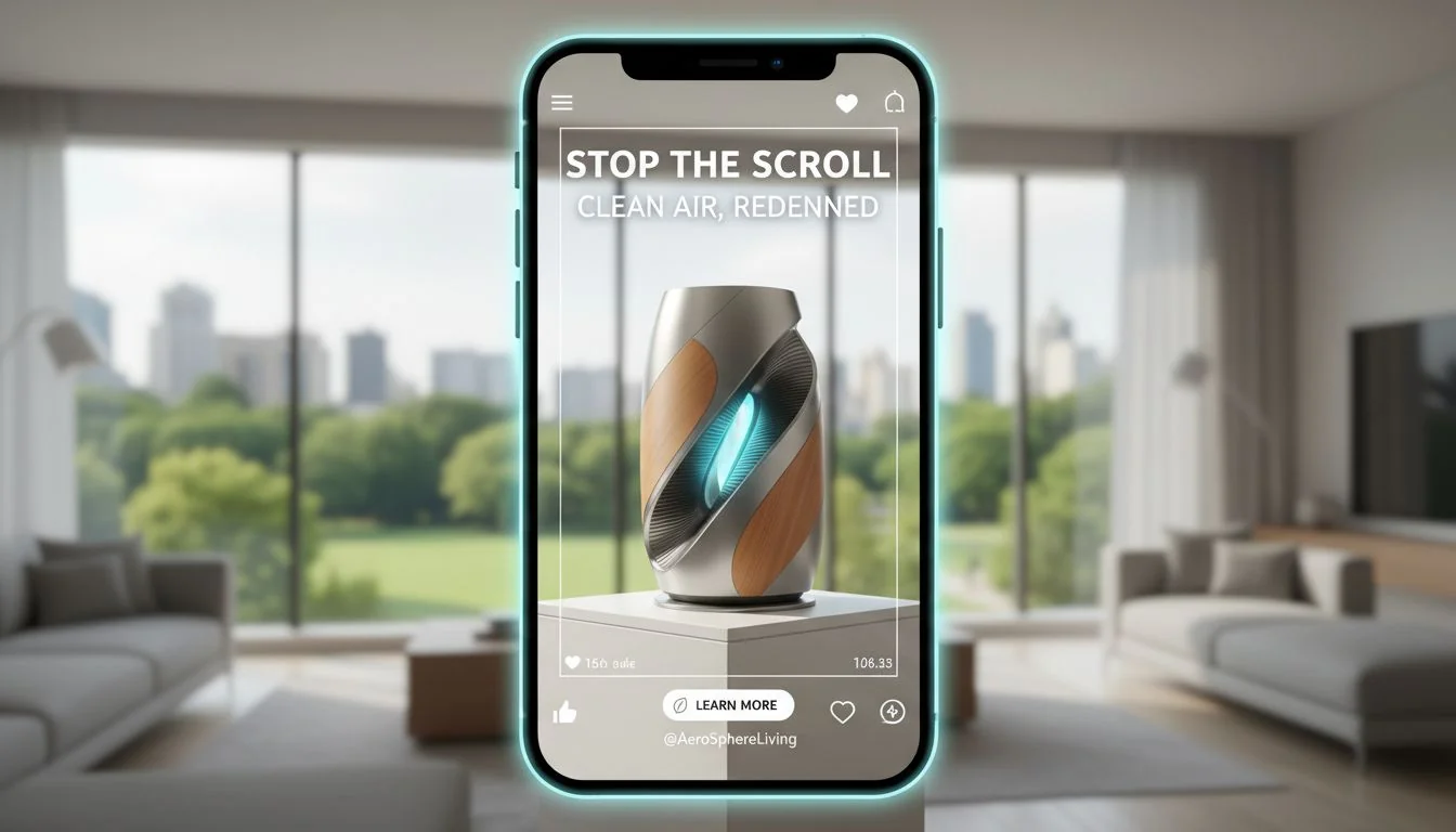 social media ad mockup showing a unique air purifier design