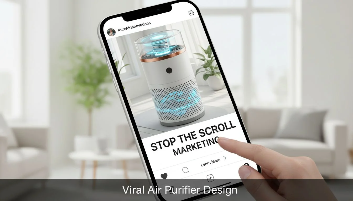 Stop the Scroll Marketing social media ad mockup showing a viral air purifier design