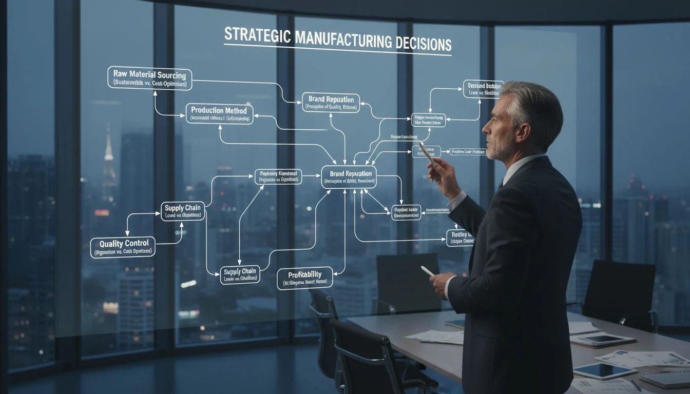 Strategic Manufacturing Decisions An image of a CEO looking thoughtfully at a complex flowchart connecting manufacturing choices to brand reputation and profit.
