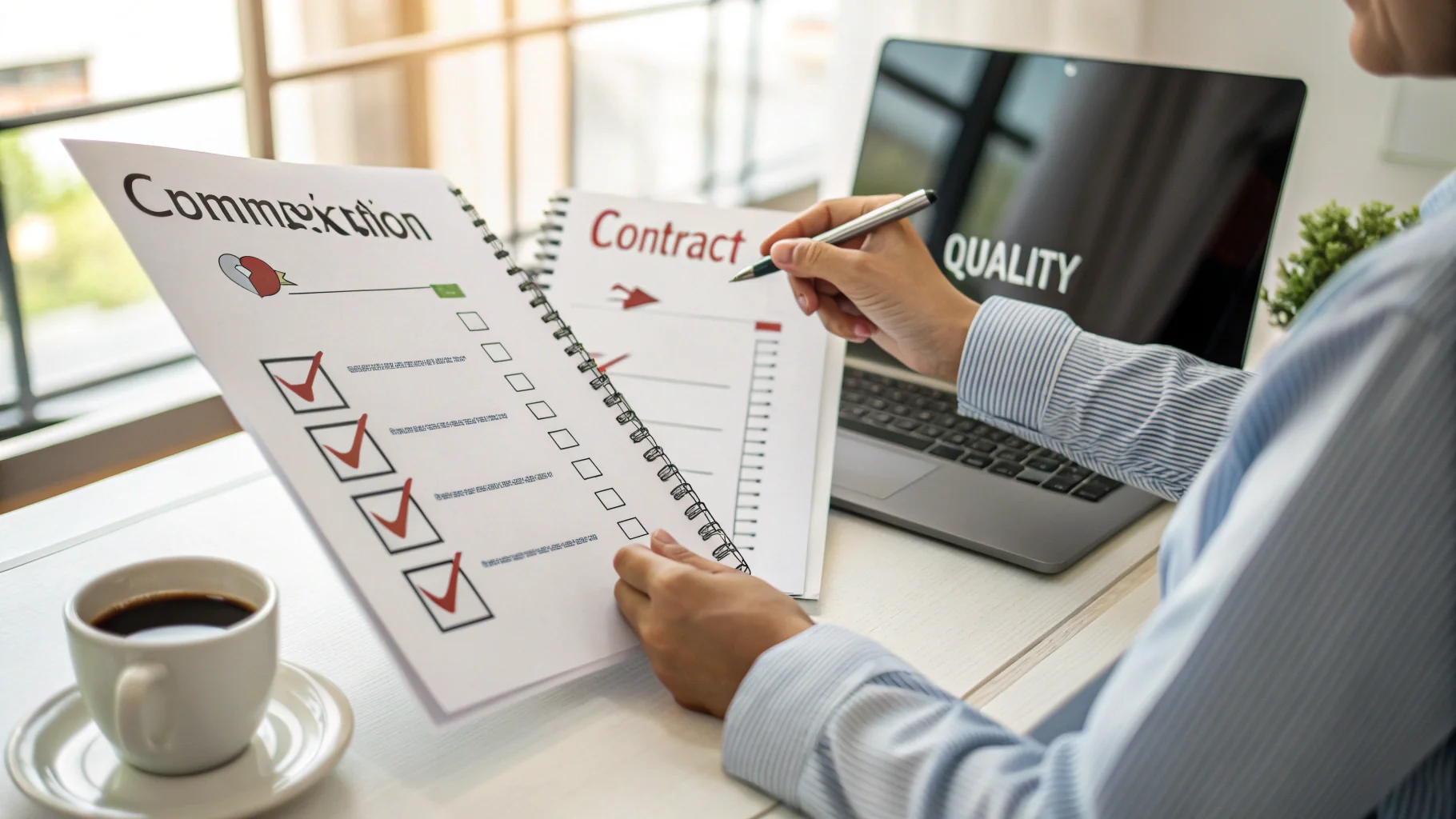 A person looking at a checklist with items like 'Communication', 'Contract', and 'Quality'.