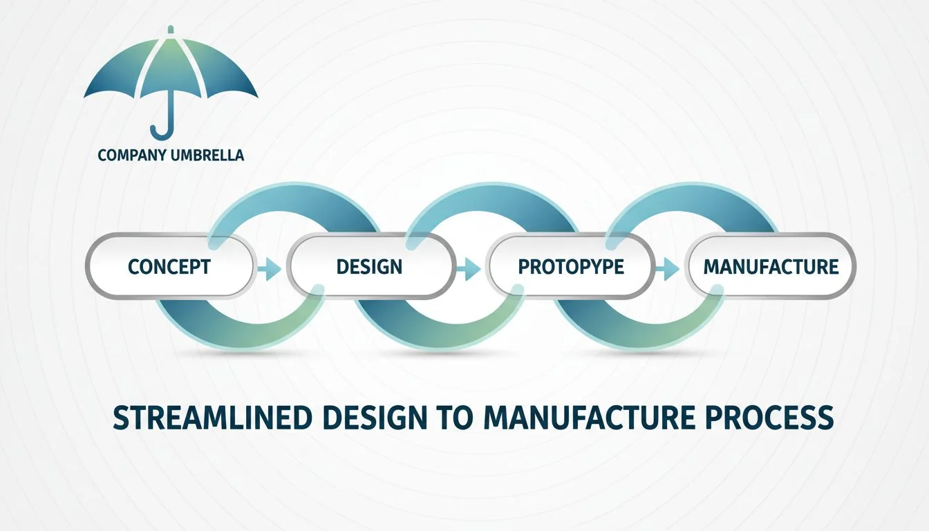 A clean graphic showing arrows flowing smoothly from 'Concept' to 'Design' to 'Prototype' to 'Manufacture' under a single company umbrella.