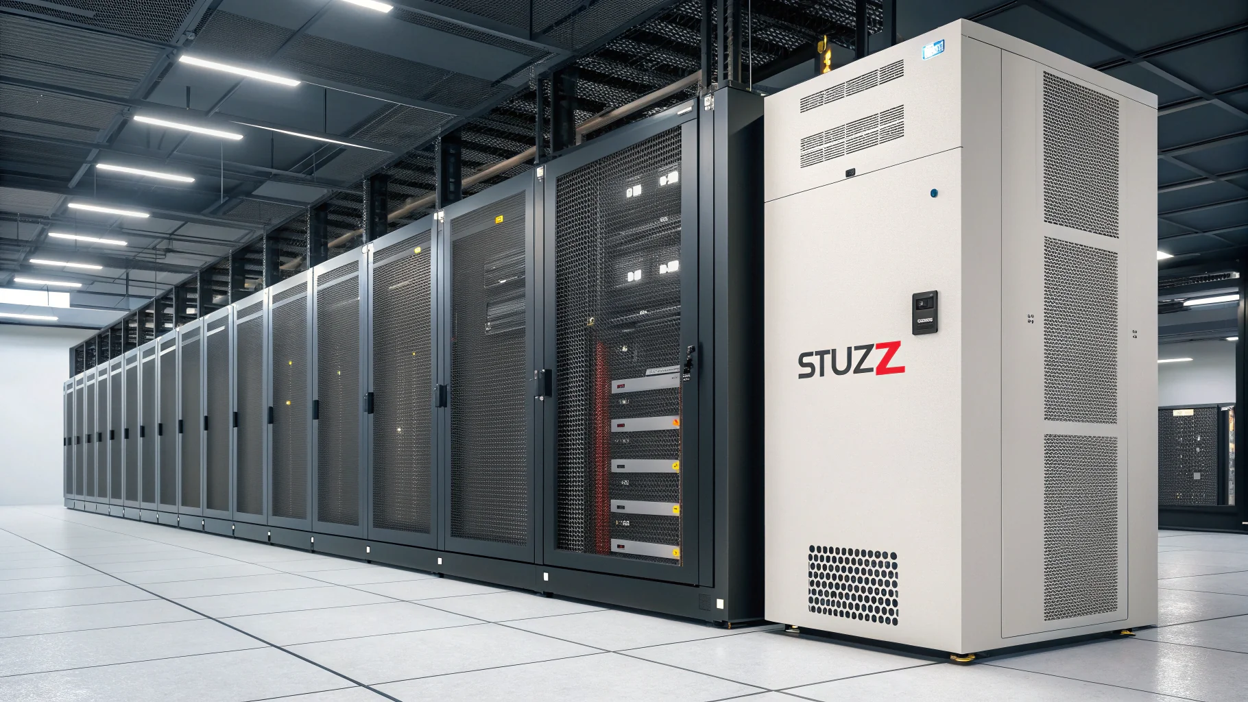 A row of server racks in a data center with a Stulz air handling unit visible