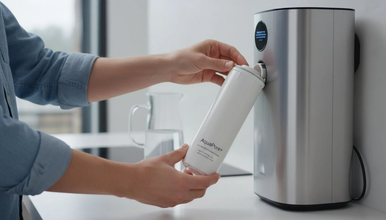 A person easily changing a cartridge filter on a sleek, stainless steel water purifier