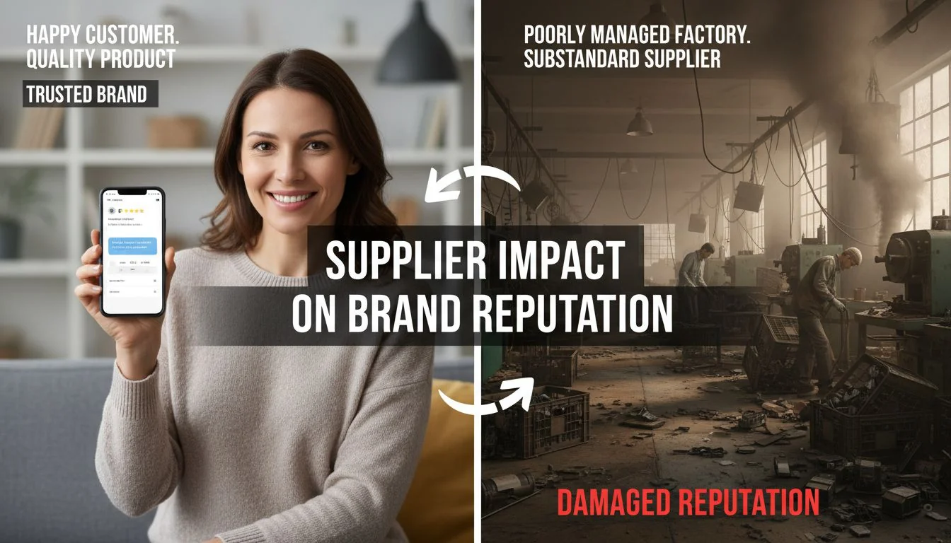 A split image showing a happy customer on one side and a poorly managed factory on the other.