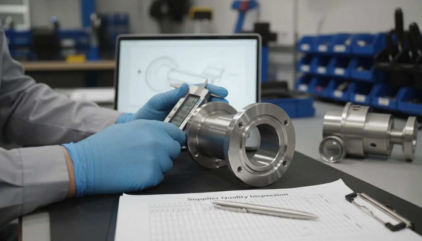 Close-up of a quality inspector's hands checking a stainless steel component.