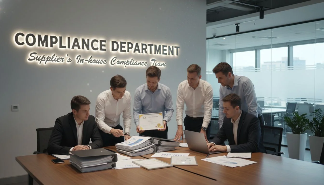Supplier's in-house compliance team An image of a professional team in an office, looking at technical documents and certificates, with a sign that says "Compliance Department".