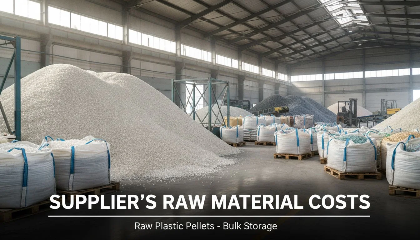 Stacks of raw plastic pellets in a factory warehouse