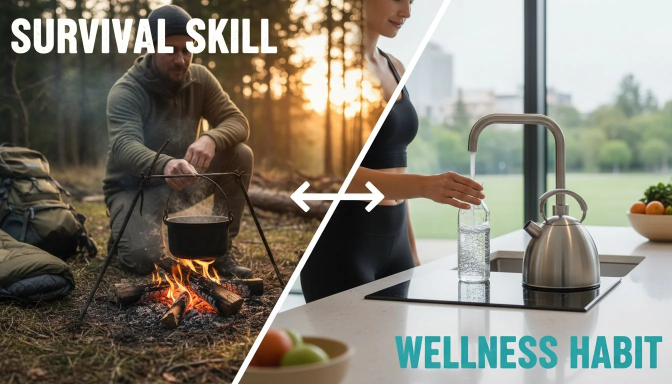 survival skill vs wellness habit camper boiling water over fire vs modern kitchen faucet