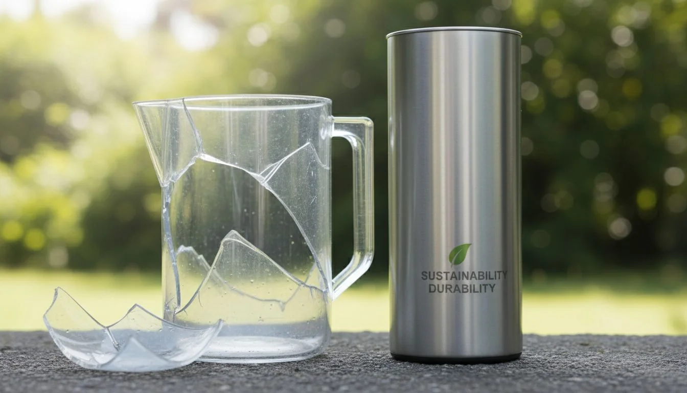 Sustainability and Durability broken plastic pitcher next to durable steel unit