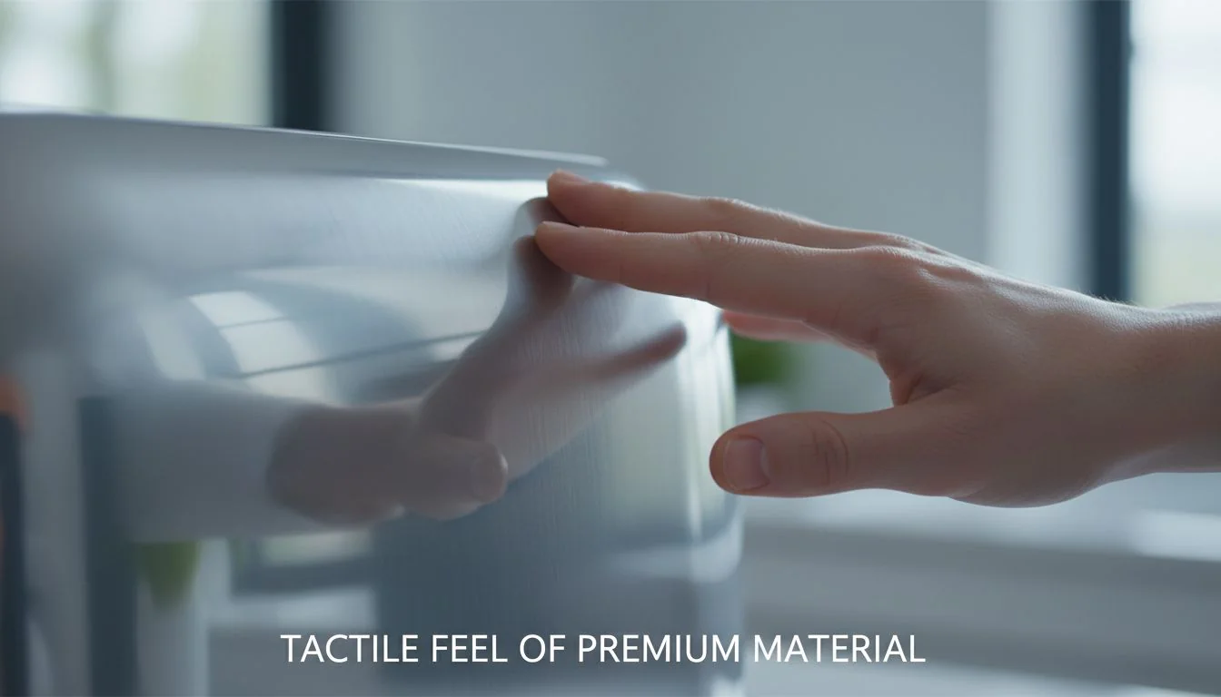 Close-up shot of a hand touching the smooth surface of a stainless steel product.