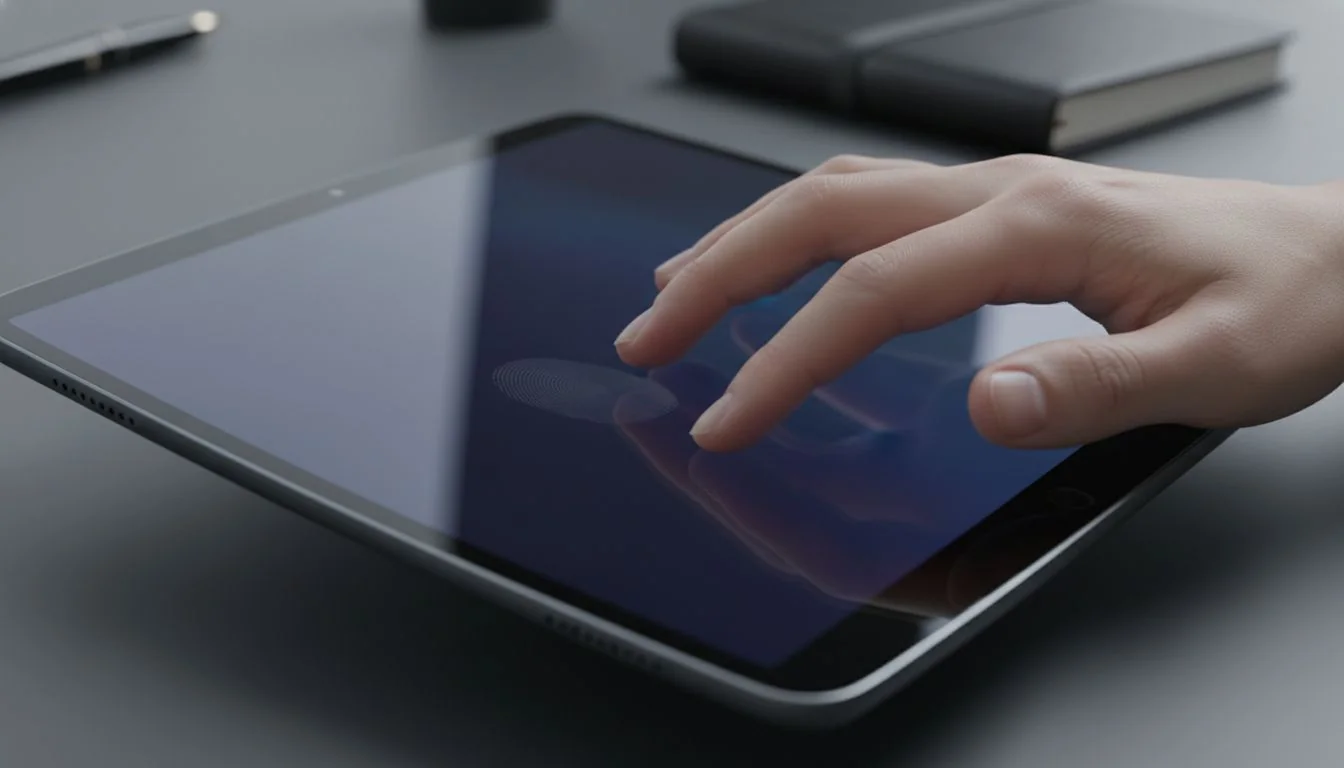 A person's hand touching the smooth, cool surface of a high-end electronic device.