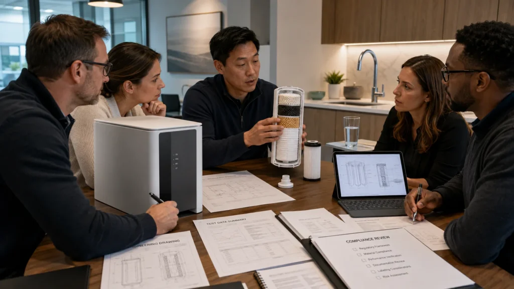 Healthy-home brand team reviewing PFAS water filter certification, test data and product engineering