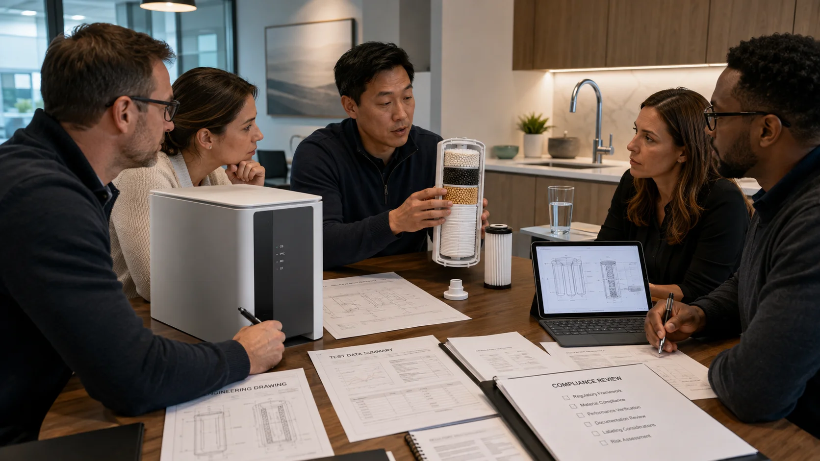 Healthy-home brand team reviewing PFAS water filter certification, test data and product engineering