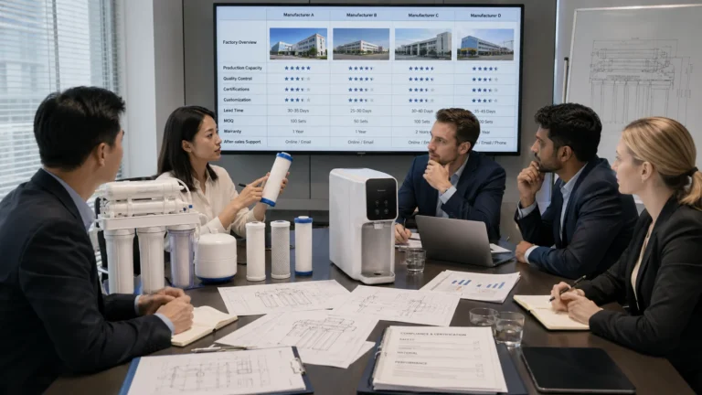 Team in a business meeting discussing a water filtration system with product components and a comparison table displayed on a screen.