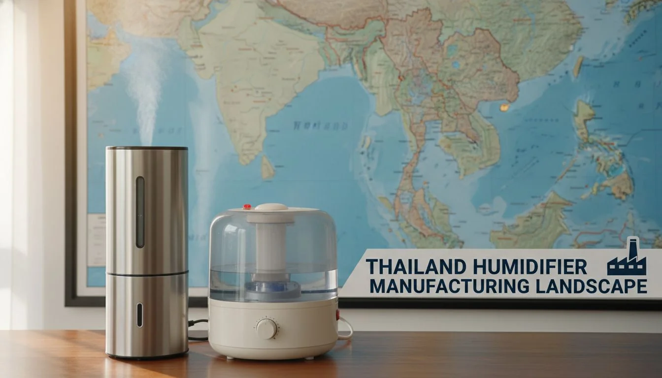 Thailand Humidifier Manufacturing Landscape A modern stainless steel humidifier next to a traditional plastic one, with a map of Thailand in the background