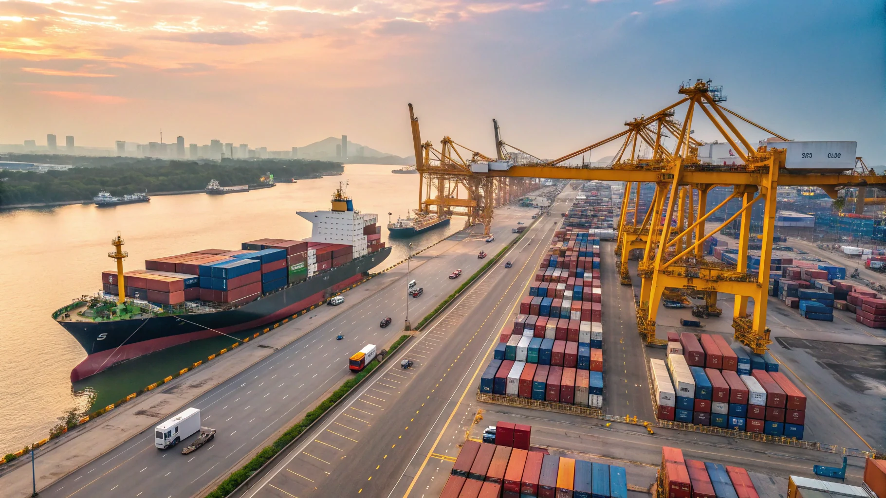 A bustling port in Thailand with shipping containers and cranes