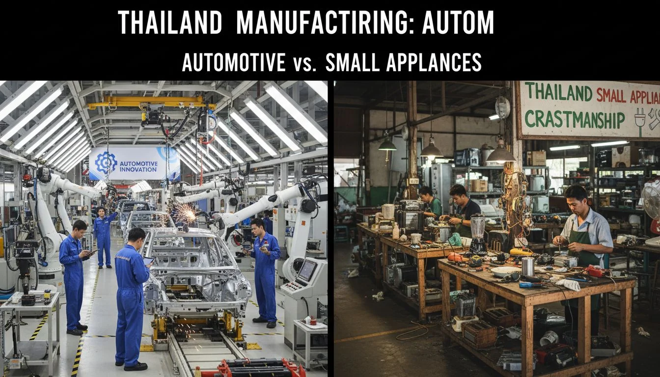Thailand Manufacturing: Automotive vs. Small Appliances A split image showing a modern automotive assembly line on one side and a small appliance workshop on the other