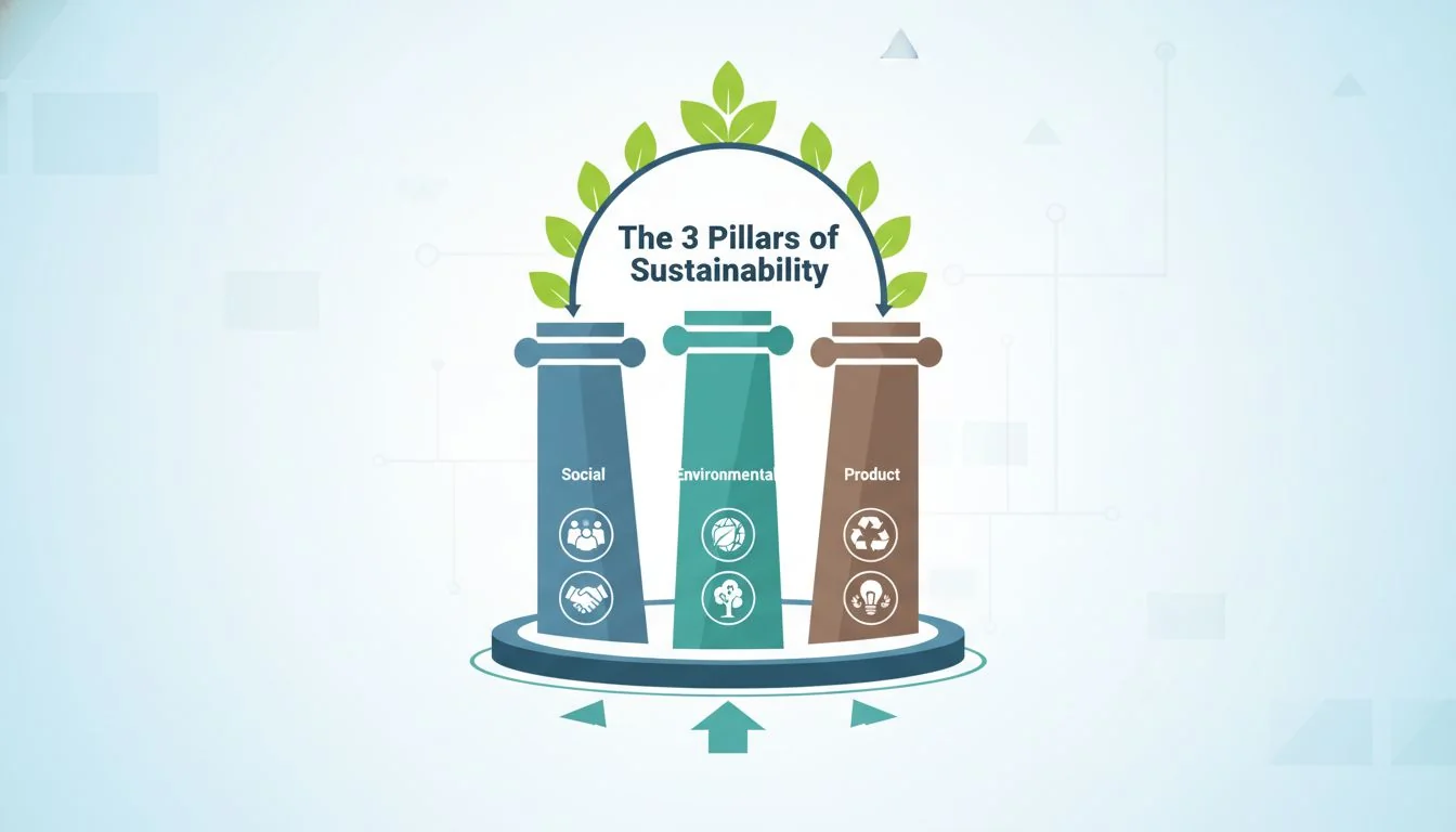 An infographic showing three pillars labeled Social, Environmental, and Product.