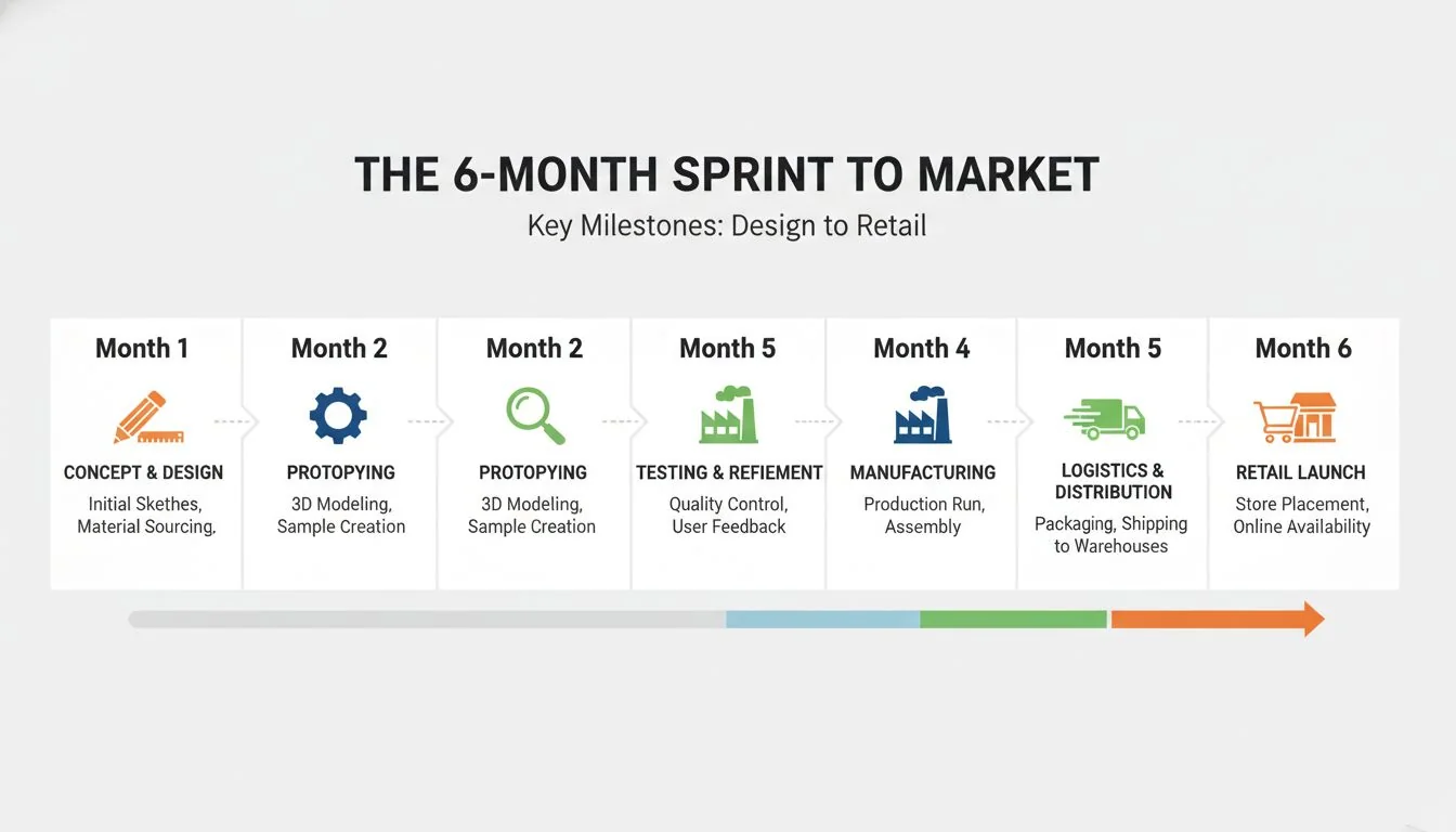 The 6-Month Sprint to Market A 6-month timeline graphic showing key milestones from design to retail.