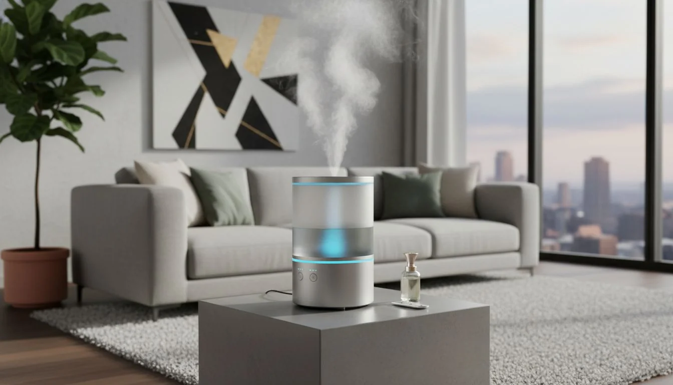 The Aura Wellness Hero Product Lifestyle photo of the Aura Wellness humidifier in a stylish, modern living room.