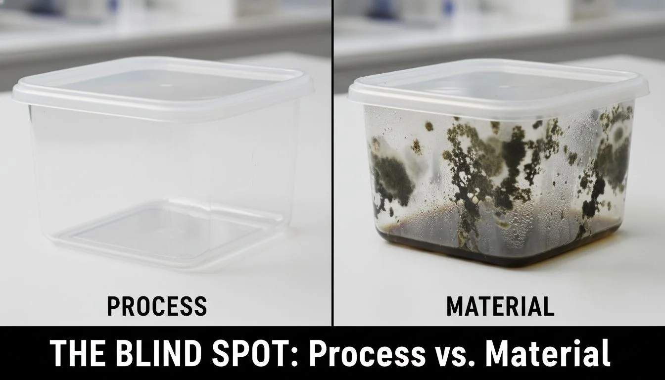 The Blind Spot: Process vs. Material A split image showing a perfectly manufactured plastic container on one side, and the same container with mold growing in its corners on the other.