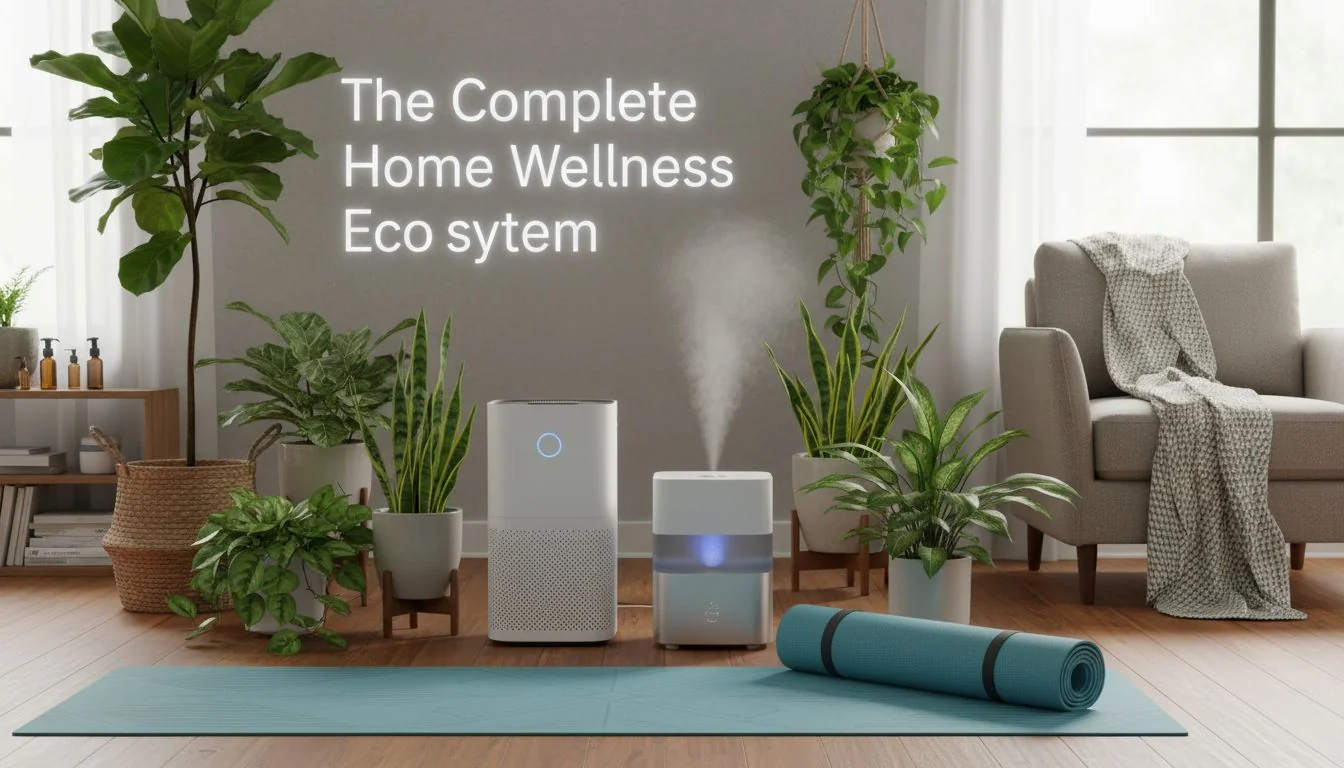 The Complete Home Wellness Ecosystem A final shot of a complete home wellness setup: air purifier, hygienic humidifier, plants, yoga mat.