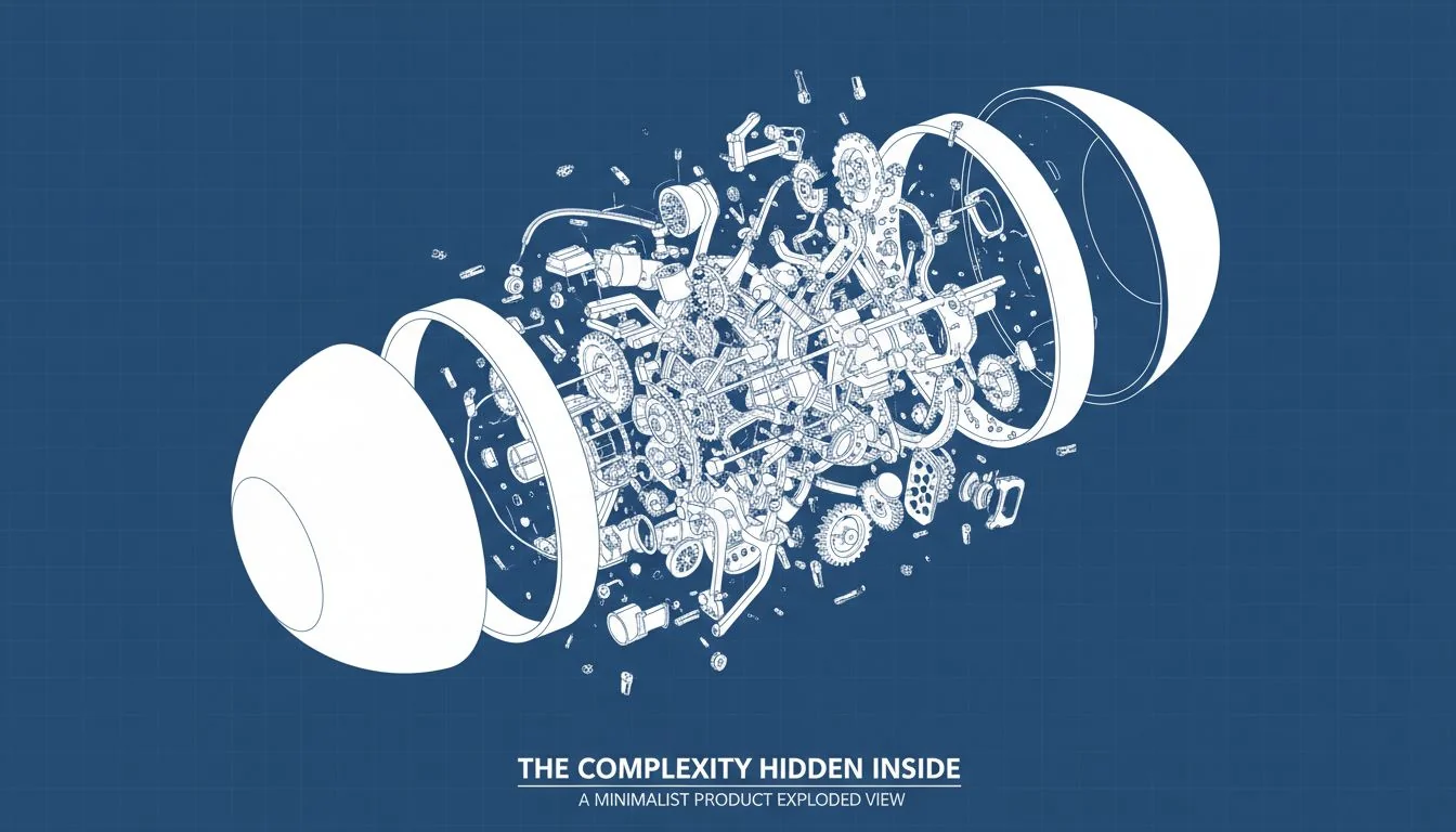 The Complexity Hidden Inside An exploded view diagram of a "minimalist" product, revealing a surprisingly complex and dense arrangement of internal plastic parts.
