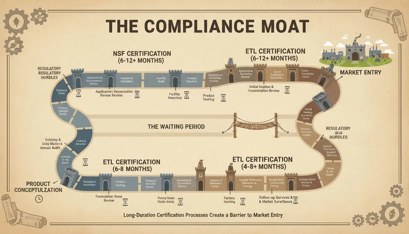 A timeline showing the long duration of NSF and ETL certification processes