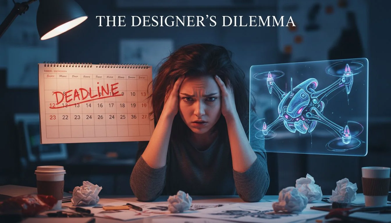 A designer looking stressed, caught between a calendar and a unique product sketch