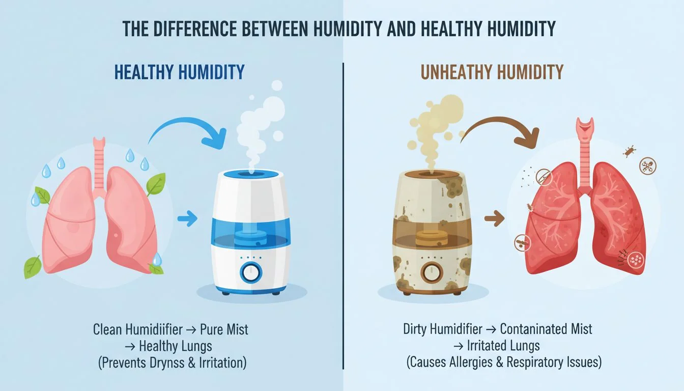 The Difference Between Humidity and Healthy Humidity An infographic showing two paths: one from a clean humidifier leading to a healthy lung, and one from a dirty humidifier leading to an irritated lung.