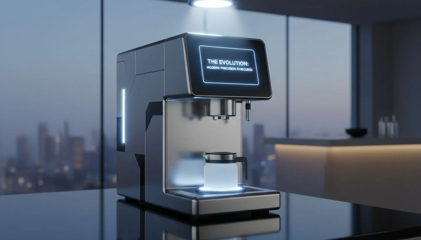 The Evolution: Modern Precision Embodied A sleek, modern kitchen appliance made of brushed stainless steel, glowing under a spotlight.