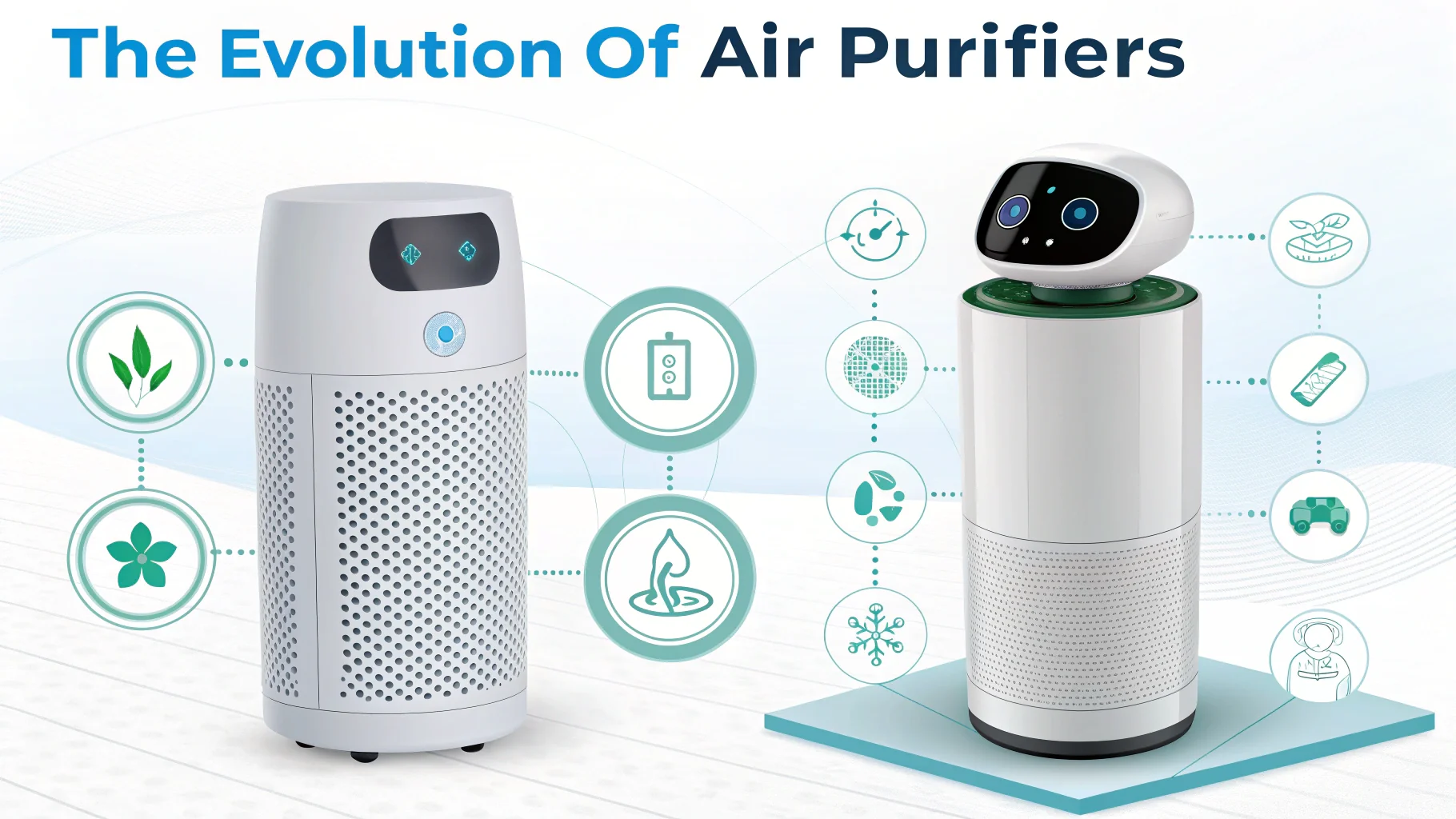 An infographic comparing a traditional air purifier to a futuristic AI air agent.