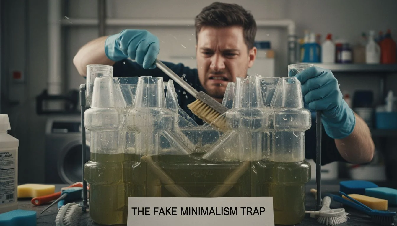 The Fake Minimalism Trap Close-up shot of someone struggling to clean a complex plastic water tank with a brush.