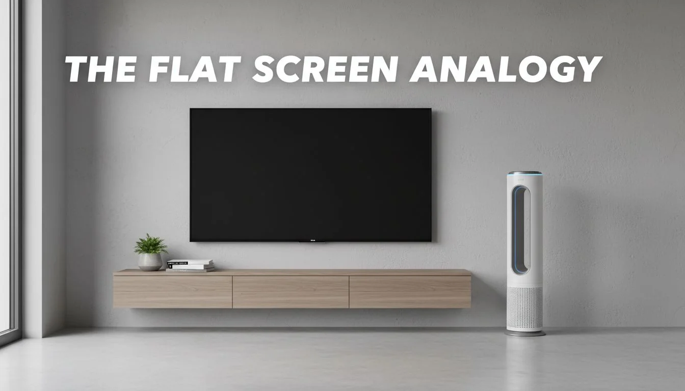 flat screen tv on wall next to slim air purifier
