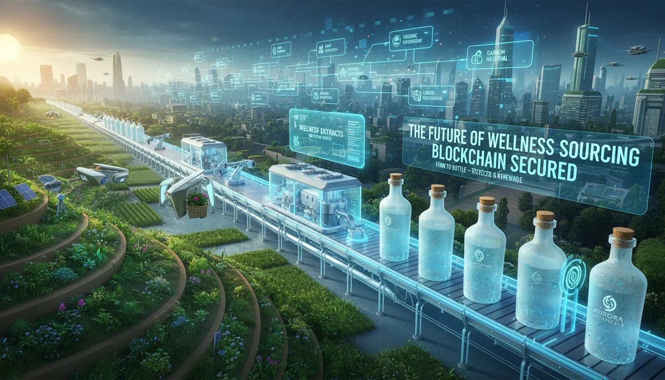 A futuristic image showing a supply chain tracked by blockchain from a sustainable farm to a bottle made of recycled material
