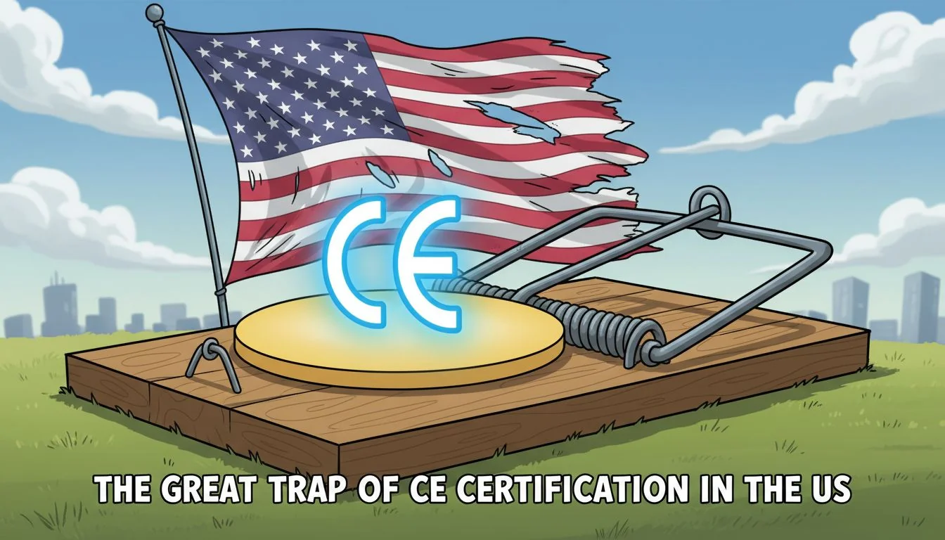 A large, cartoonish mouse trap baited with a glowing CE logo, set against a backdrop of the US flag.