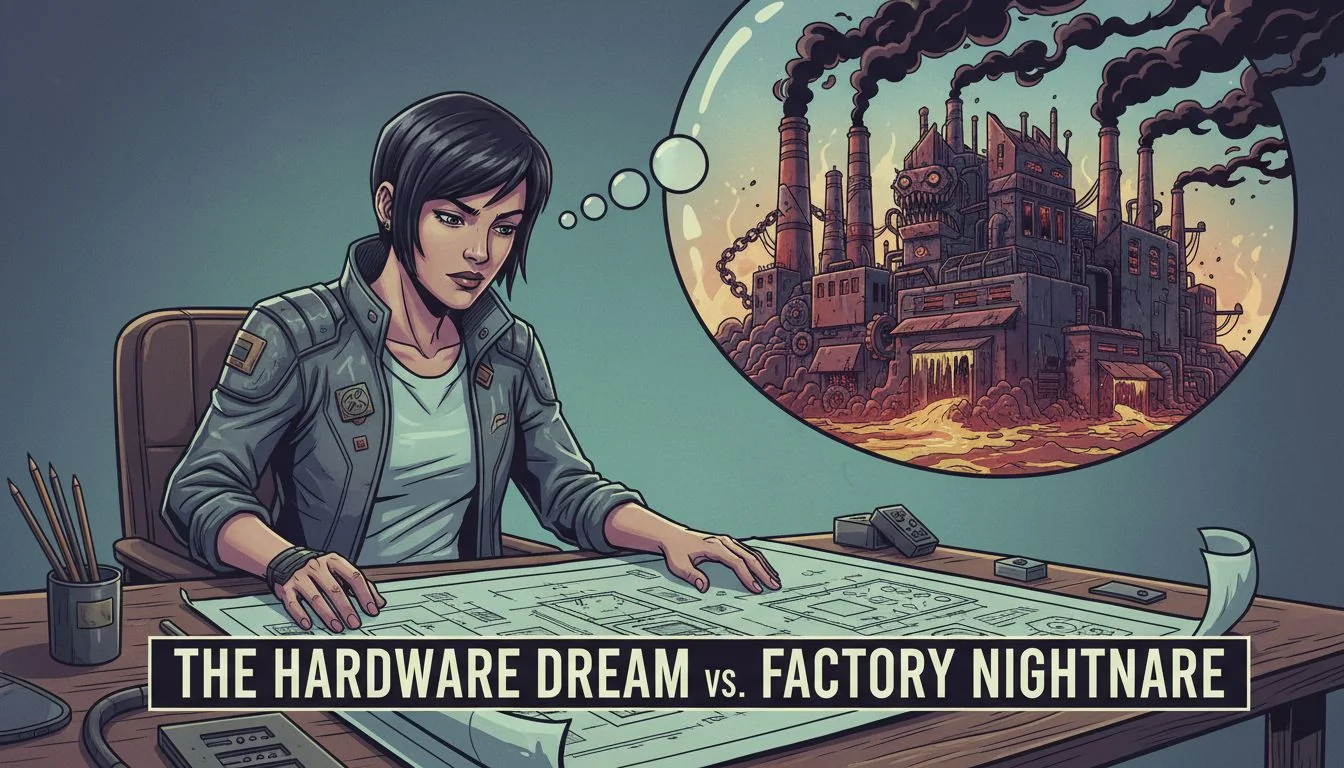 An illustration of a founder looking at a blueprint, with a thought bubble showing a huge, scary factory.