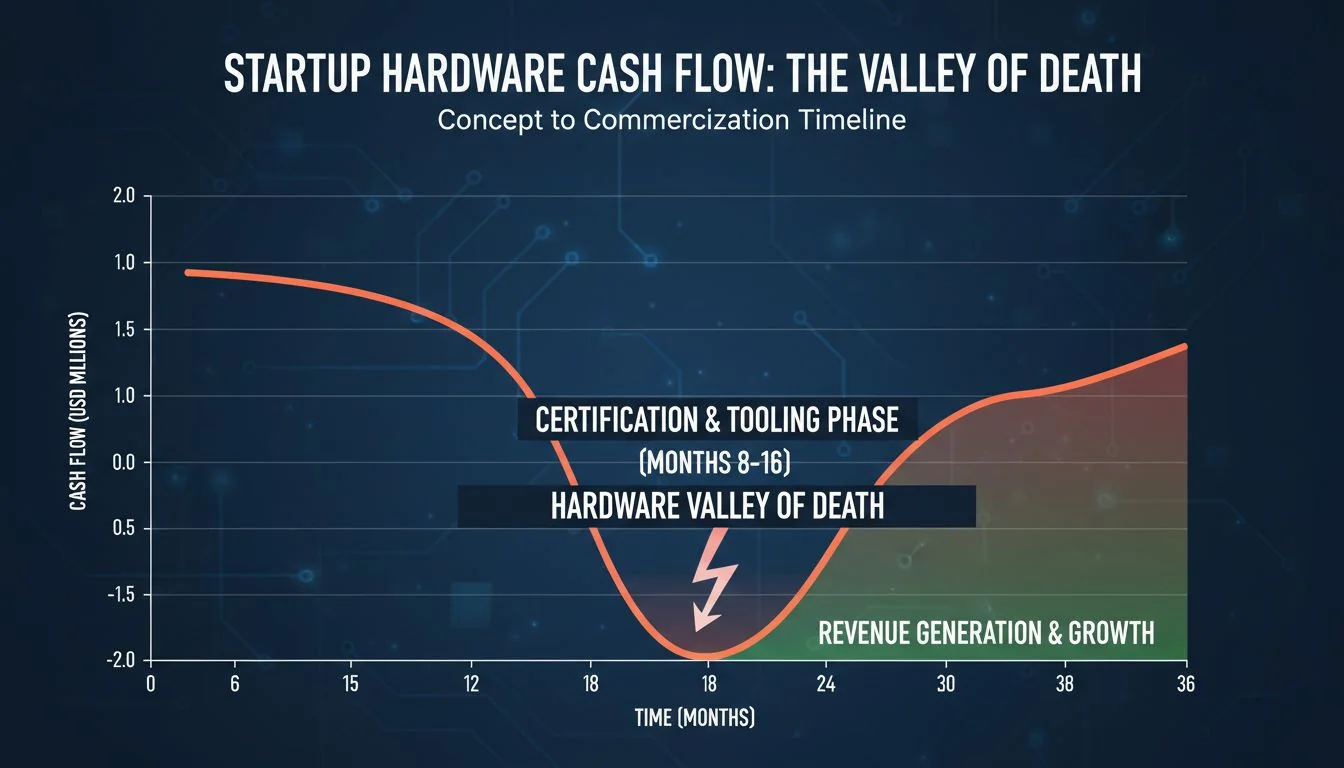Graph showing startup cash flow dipping during the certification and tooling phase