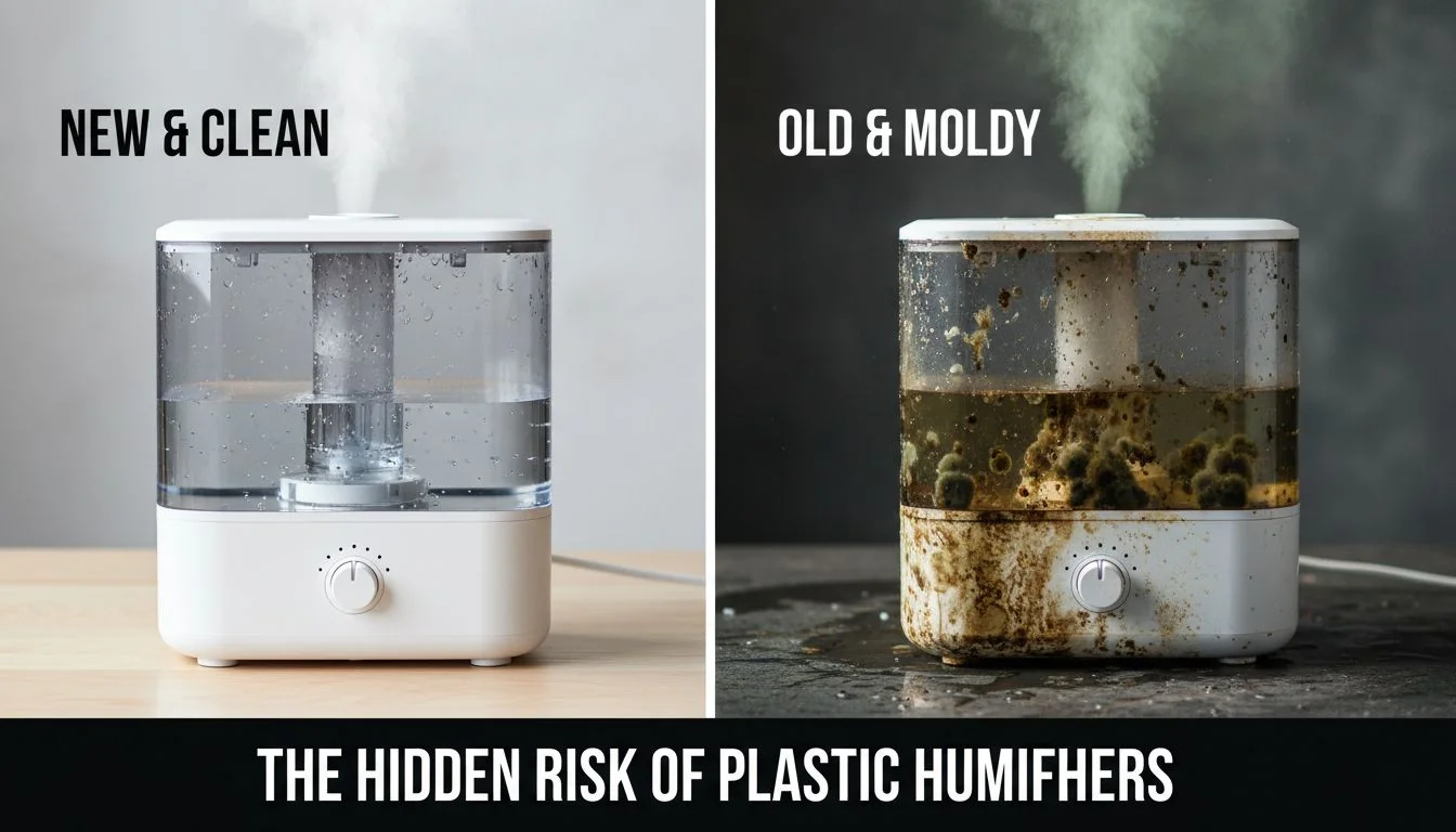 A split image showing a shiny new plastic humidifier on one side and a moldy, discolored one on the other.